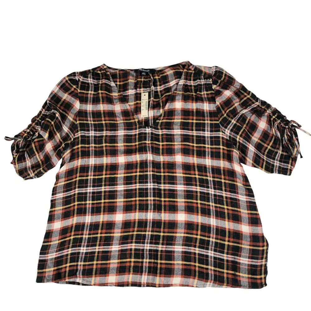NEW Madewell Plaid Puffed Cinch Sleeve Top V Neck Blouse Womens Small